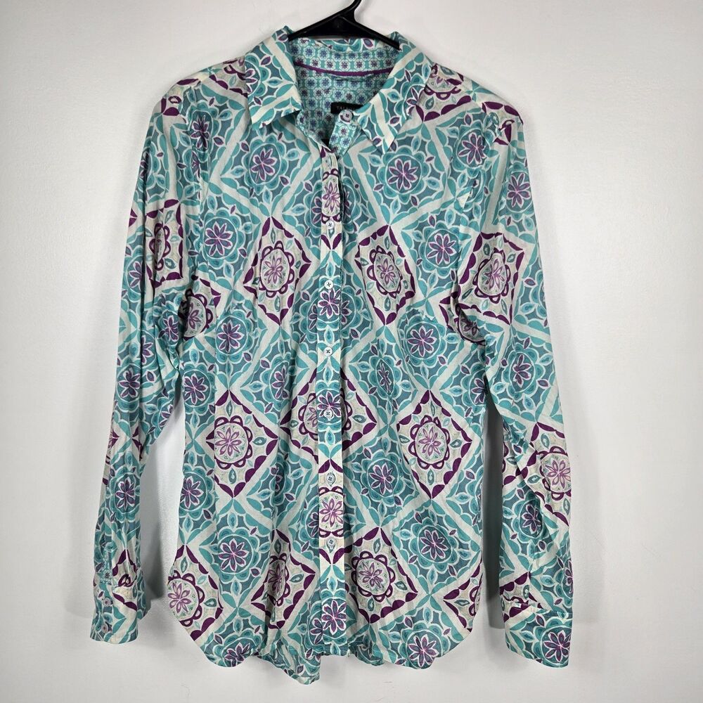 Talbots Women's Size Medium Long Sleeve Button Up Blue Purple Shirt